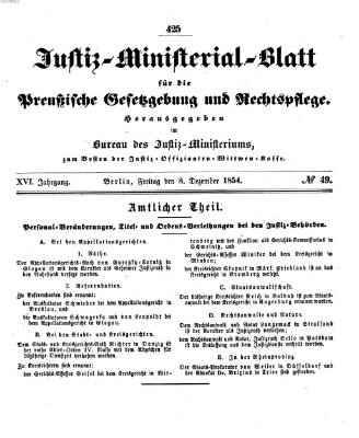 Justiz-Ministerialblatt für die preußische Gesetzgebung und Rechtspflege Freitag 8. Dezember 1854