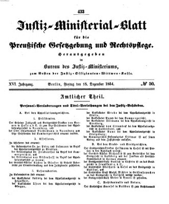 Justiz-Ministerialblatt für die preußische Gesetzgebung und Rechtspflege Freitag 15. Dezember 1854