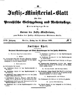 Justiz-Ministerialblatt für die preußische Gesetzgebung und Rechtspflege Freitag 16. Februar 1855