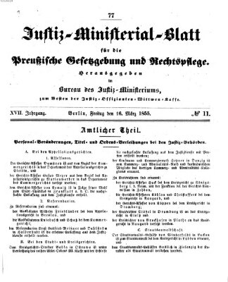 Justiz-Ministerialblatt für die preußische Gesetzgebung und Rechtspflege Freitag 16. März 1855