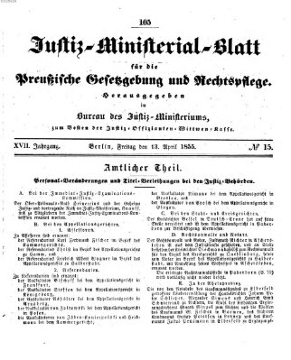 Justiz-Ministerialblatt für die preußische Gesetzgebung und Rechtspflege Freitag 13. April 1855