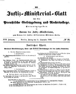 Justiz-Ministerialblatt für die preußische Gesetzgebung und Rechtspflege Freitag 21. September 1855