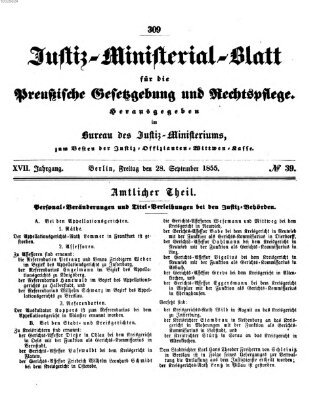 Justiz-Ministerialblatt für die preußische Gesetzgebung und Rechtspflege Freitag 28. September 1855