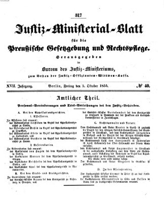 Justiz-Ministerialblatt für die preußische Gesetzgebung und Rechtspflege Freitag 5. Oktober 1855