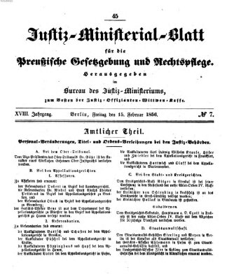 Justiz-Ministerialblatt für die preußische Gesetzgebung und Rechtspflege Freitag 15. Februar 1856