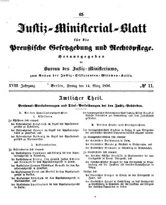 Justiz-Ministerialblatt für die preußische Gesetzgebung und Rechtspflege Freitag 14. März 1856