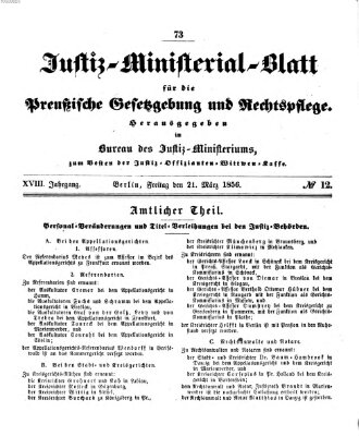 Justiz-Ministerialblatt für die preußische Gesetzgebung und Rechtspflege Freitag 21. März 1856