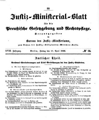 Justiz-Ministerialblatt für die preußische Gesetzgebung und Rechtspflege Freitag 18. April 1856