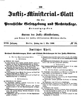 Justiz-Ministerialblatt für die preußische Gesetzgebung und Rechtspflege Freitag 2. Mai 1856