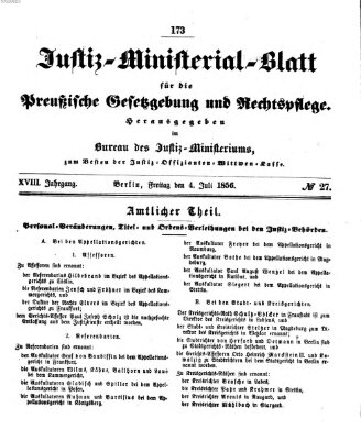 Justiz-Ministerialblatt für die preußische Gesetzgebung und Rechtspflege Freitag 4. Juli 1856