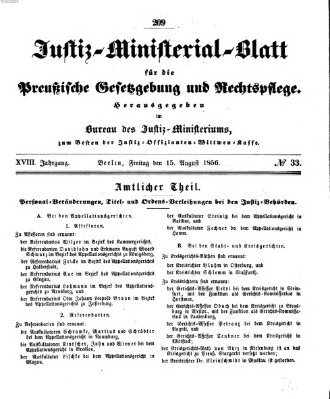 Justiz-Ministerialblatt für die preußische Gesetzgebung und Rechtspflege Freitag 15. August 1856