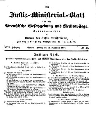 Justiz-Ministerialblatt für die preußische Gesetzgebung und Rechtspflege Freitag 14. November 1856