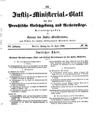 Justiz-Ministerialblatt für die preußische Gesetzgebung und Rechtspflege Freitag 16. April 1858