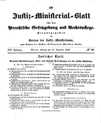 Justiz-Ministerialblatt für die preußische Gesetzgebung und Rechtspflege Freitag 16. Dezember 1859