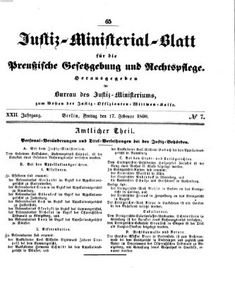 Justiz-Ministerialblatt für die preußische Gesetzgebung und Rechtspflege Freitag 17. Februar 1860