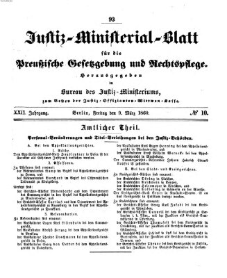 Justiz-Ministerialblatt für die preußische Gesetzgebung und Rechtspflege Freitag 9. März 1860