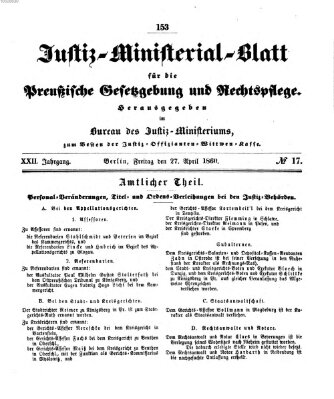 Justiz-Ministerialblatt für die preußische Gesetzgebung und Rechtspflege Freitag 27. April 1860