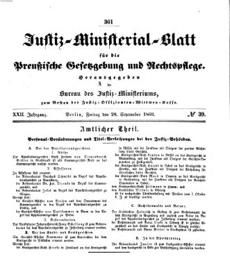 Justiz-Ministerialblatt für die preußische Gesetzgebung und Rechtspflege Freitag 28. September 1860