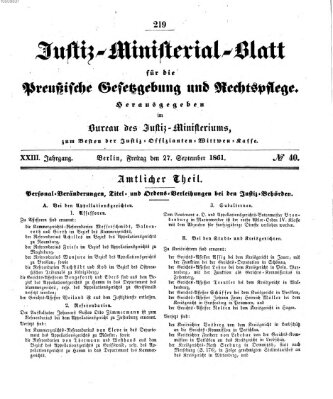 Justiz-Ministerialblatt für die preußische Gesetzgebung und Rechtspflege Freitag 27. September 1861