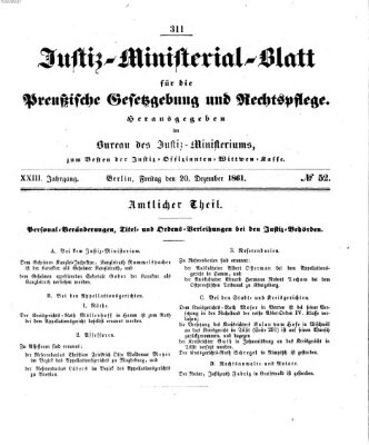 Justiz-Ministerialblatt für die preußische Gesetzgebung und Rechtspflege Freitag 20. Dezember 1861