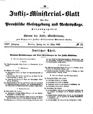 Justiz-Ministerialblatt für die preußische Gesetzgebung und Rechtspflege Freitag 14. März 1862