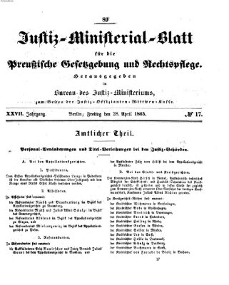 Justiz-Ministerialblatt für die preußische Gesetzgebung und Rechtspflege Freitag 28. April 1865