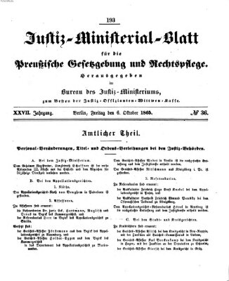 Justiz-Ministerialblatt für die preußische Gesetzgebung und Rechtspflege Freitag 6. Oktober 1865