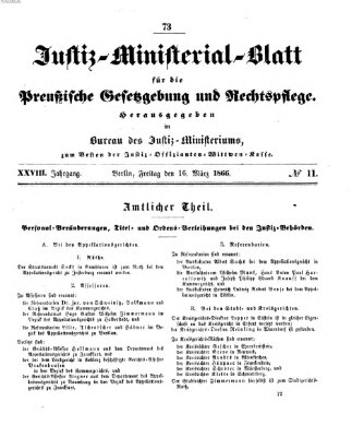 Justiz-Ministerialblatt für die preußische Gesetzgebung und Rechtspflege Freitag 16. März 1866