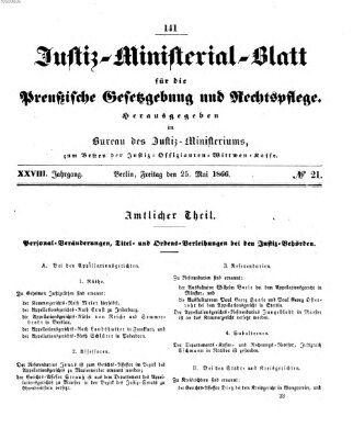 Justiz-Ministerialblatt für die preußische Gesetzgebung und Rechtspflege Freitag 25. Mai 1866