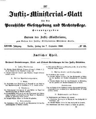 Justiz-Ministerialblatt für die preußische Gesetzgebung und Rechtspflege Freitag 7. September 1866