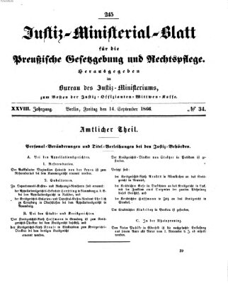 Justiz-Ministerialblatt für die preußische Gesetzgebung und Rechtspflege Freitag 14. September 1866