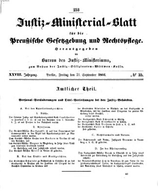 Justiz-Ministerialblatt für die preußische Gesetzgebung und Rechtspflege Freitag 21. September 1866