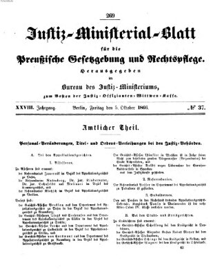 Justiz-Ministerialblatt für die preußische Gesetzgebung und Rechtspflege Freitag 5. Oktober 1866