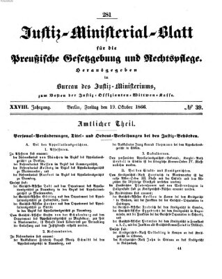 Justiz-Ministerialblatt für die preußische Gesetzgebung und Rechtspflege Freitag 19. Oktober 1866