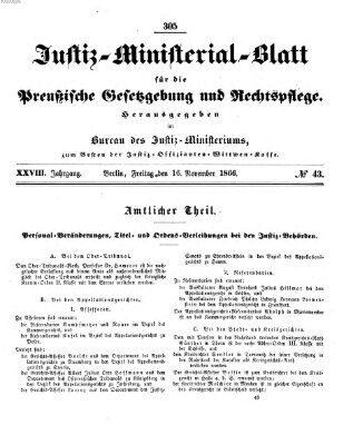 Justiz-Ministerialblatt für die preußische Gesetzgebung und Rechtspflege Freitag 16. November 1866