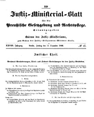 Justiz-Ministerialblatt für die preußische Gesetzgebung und Rechtspflege Freitag 14. Dezember 1866