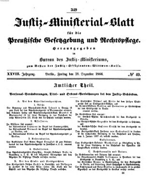 Justiz-Ministerialblatt für die preußische Gesetzgebung und Rechtspflege Freitag 28. Dezember 1866