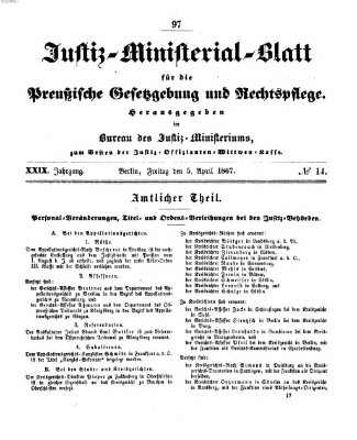 Justiz-Ministerialblatt für die preußische Gesetzgebung und Rechtspflege Freitag 5. April 1867