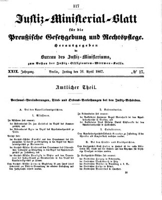 Justiz-Ministerialblatt für die preußische Gesetzgebung und Rechtspflege Freitag 26. April 1867