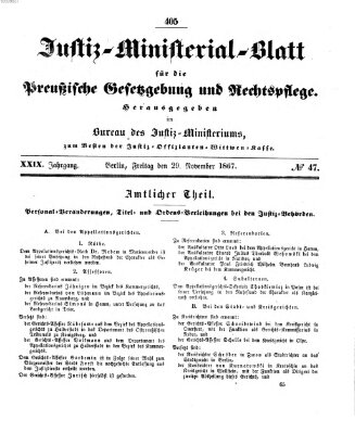 Justiz-Ministerialblatt für die preußische Gesetzgebung und Rechtspflege Freitag 29. November 1867