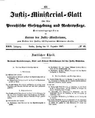 Justiz-Ministerialblatt für die preußische Gesetzgebung und Rechtspflege Freitag 13. Dezember 1867