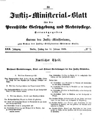 Justiz-Ministerialblatt für die preußische Gesetzgebung und Rechtspflege Freitag 14. Februar 1868