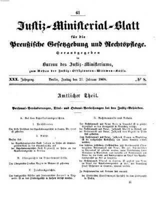 Justiz-Ministerialblatt für die preußische Gesetzgebung und Rechtspflege Freitag 21. Februar 1868