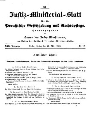 Justiz-Ministerialblatt für die preußische Gesetzgebung und Rechtspflege Freitag 20. März 1868