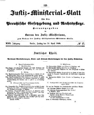 Justiz-Ministerialblatt für die preußische Gesetzgebung und Rechtspflege Freitag 24. April 1868