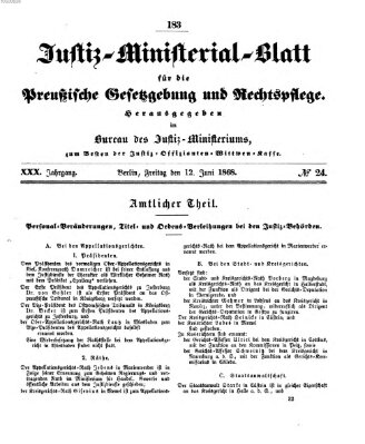 Justiz-Ministerialblatt für die preußische Gesetzgebung und Rechtspflege Freitag 12. Juni 1868