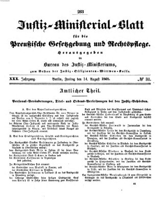 Justiz-Ministerialblatt für die preußische Gesetzgebung und Rechtspflege Freitag 14. August 1868