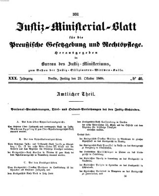 Justiz-Ministerialblatt für die preußische Gesetzgebung und Rechtspflege Freitag 23. Oktober 1868