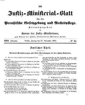 Justiz-Ministerialblatt für die preußische Gesetzgebung und Rechtspflege Freitag 27. November 1868