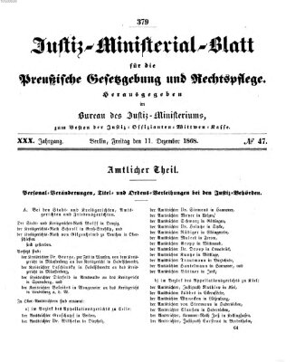 Justiz-Ministerialblatt für die preußische Gesetzgebung und Rechtspflege Freitag 11. Dezember 1868